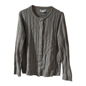 Haband Women's Vintage Grey/Gray Button Up Cardigan Sweater Cable Knit Medium